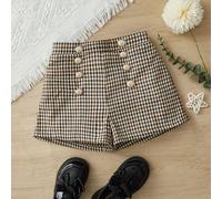 Shorts à boutons devant avec décor en métal doré et motif quadrillé élégant pour jeunes filles. Style collégial, idéal pour le port casual et quotidien à l'automne et en hiver. Assorti pour la mère, l