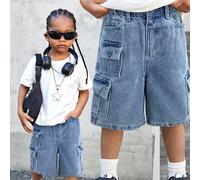 Shorts cargo en denim délavé à la pierre, coupe ample et style cool de rue pour jeune garçon. Avec plusieurs poches, pour le streetwear enfant 6Y,7Y,4Y,5YUnicoloreJean
