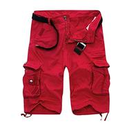 Shorts de sport d'été pour homme - Coton pur - Multi-poches - Respirant - Léger - Taille élastiquée - Camouflage - Cargo décontracté - Pour la course, le jogging, le fitness et l'entraînement, Rouge