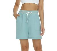 Shorts de Sport Femme Coton Pantalon Court Écontracté avec Poches Taille Haute Respirant Doux Short avec Cordon Élastique Bermuda pour Yoga Fitness Jogging Vacance Vert Turquoise L