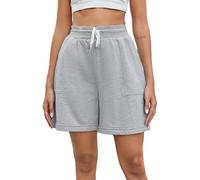Shorts de Sport Femme Coton Pantalon Court Écontracté avec Poches Taille Haute Respirant Doux Short avec Cordon Élastique Bermuda pour Yoga Fitness Jogging Vacance Gris Clair XL