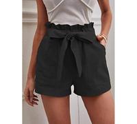 Shorts d'été Femmes Pantalons Noeud Papillon Dentelle Shorts Décontractés Lâches Poche Taille Haute Pantalon Sac en Papier Solide Taille Ceinture Shorts-Noir,S