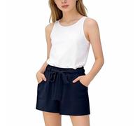 Shorts en coton et lin pour filles, uniforme scolaire pour adolescents, pantalons dété décontractés avec cordon de serrage, poches, amples, légers, respirant, cool, jogging, bleu marine, 12-13 ans