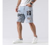 Shorts en denim déchirés amples pour hommes, avec graphismes de lettres, de couleur bleu clair, adapté pour sortir, de mode rappeur L,M,S,XLPortrait,LettresJean
