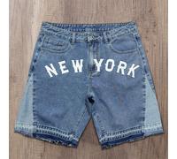 Shorts en jean à jambes larges, style américain de rue, imprimé avec couleurs contrastées et patchwork, lavé 28,30,32,36,38,34LettresJean