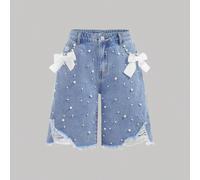 Shorts en jean ample froissé élégant et clair avec nœud papillon et insert de poche, faux perles, pour l'été, pour adolescentes 14Y,12Y,13Y,16Y,15YUnicoloreJean