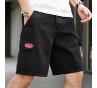Shorts en jean ample pour homme avec patchs de lettres et poches à rabat, jorts amples noirs sans motifs convenant à la mode d'une sortie L,M,S,XL,XXLLettresJean