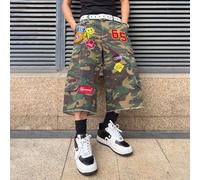 Shorts en jean amples à motif camouflage avec décoration de perles brodées pour hommes 30,32,36,34Portrait,Géométrique,LettresJean