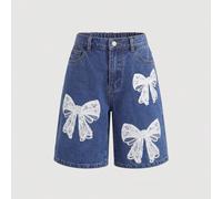 Shorts en jean amples et décontractés à taille haute pour préadolescentes, style Y2K, lavage pierre, avec imprimés floraux et lettres. Parfait pour les filles en été, les vacances, les raves, les conc