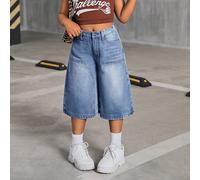 Shorts en jean amples et délavés style Y2K années 2000 pour préadolescentes. Jambes larges, longueur genoux. Idéal pour le printemps, l'été, les concerts, les festivals bohèmes et le retour à l'école.
