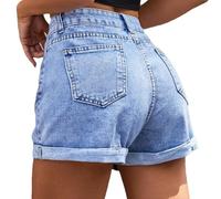 Shorts en jean bleu pour femmes - Shorts en jean taille haute jambes larges - Jorts confortables retroussables avec poches à boutons - Pantalons courts amples coupe trapèze décontractés - Jorts