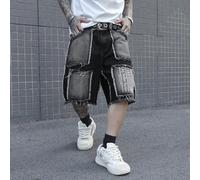 Shorts en jean délavé casual pour hommes avec imprimé lettres et patchwork, ourlet effiloché L,M,S,XL,XXLUnicoloreJean