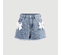 Shorts en jean délavé élégant et décontracté pour préadolescentes avec nœud papillon, insert de poche, faux perles et ourlet effiloché, pour les vacances de printemps et d'été, les festivals, convient
