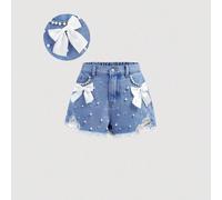 Shorts en jean élégants et légers pour préadolescentes, avec nœud papillon, insert de poche, faux perles et ourlet effiloché, pour les vacances de printemps et d'été, les festivals 8Y,9Y,10Y,11Y,12YUn