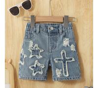 Shorts en jean pour bébés garçons, best-seller de l'été, couleur jean bleu moyen, style universitaire, décontracté et confortable, décoration brodée d'étoiles et de croix, taille élastique + design de