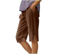 Shorts et Bermudas Femme Baggy Short en Lin Décontracté Bermuda Chic Confortable Pants Ample D'été Vêtements Mode Couleur Unie Short de Sport Boutonnée Pantalon Court avec Poches Brun L
