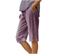 Shorts et Bermudas Femme Baggy Short en Lin Décontracté Bermuda Chic Confortable Pants Ample D'été Vêtements Mode Couleur Unie Short de Sport Boutonnée Pantalon Court avec Poches Violet XL