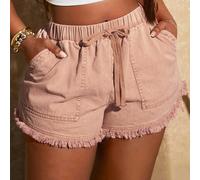 Shorts femme grande taille printemps/été nouveaux shorts vintage rétro lavés avec taille élastique et ourlet à franges, convient pour le port quotidien, les festivals de musique, les concerts, les fêt