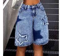Shorts longs en jean droits et amples pour ados et jeunes filles, avec blocs de couleurs, patchs d'étoiles, délavage et effilochage. Parfaits pour l'été, les brunchs, les remises de diplômes, les vaca