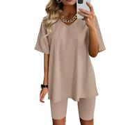 XGWDP Shorts Sets Women 2 Piece Outfits, 2024 Summer Oversized V Neck T-Shirts Tops and Biker Shorts Workout Sports Tracksuit (3,XL)