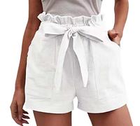 Shorty Femme - Bermuda Femme Short décontracté pour Femmes Confortable à Lacets Taille élastique été avec Poches Short en Coton et Lin à Jambes Larges (White XL)