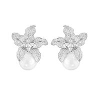 SHOUKAII Perle Diamant Oreille for Femme Argent Aiguille Automne et Hiver Pleine perceuse lys Oreille Femme Perle(Silver)