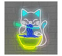 SHOUXI LED néon signe Enseigne Lumineuse LED Fortune Cat Ramen, Style Anime Japonais, Pour Restaurant, Boutique, Épicerie Fine, Marché 50x40cm(Lemon yellow)