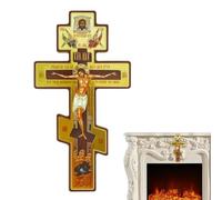 Shouxiut Crucifix russe orthodoxe en bois, crucifix byzantin à trois barres en bois, statue décorative murale, motif de prière double face pour salon, chambre à coucher