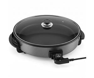 Shov Poêle à pizza électrique et cocotte multifonction, taille XL, 48 cm de diamètre, 7 cm de profondeur, avec revêtement antiadhésif et couvercle en verre, 1500 W, thermostat réglable pour pizza