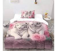SHOVERKD Blanc Tigre Rose Entourer Ensemble De Lit Single（135x200cm） Impression 3D Faune Terre Animal pour Enfants Et Adolescents en Microfibre Respirant avec Fermeture Éclair Literie Doux