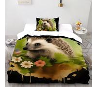 SHOVERKD Hérisson Fleur Feuille Éclaboussure Parure De Lit Single（135x200cm） Impression 3D Faune Forêt Animal pour Famille en Microfibre Respirant avec Fermeture Éclair Literie Confort