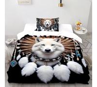 SHOVERKD Loup Tête Plume Coiffe Parure De Lit Single（135x200cm） Imprimé 3D Faune Forêt Animal pour Famille en Microfibre Respirant avec Fermeture Éclair Literie Confort