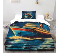 SHOVERKD Lumière des étoiles Voyageur Croisière Bateau Parure De Lit Single（135x200cm） Impression 3D Véhicule pour Famille en Microfibre Respirant avec Fermeture Éclair Literie Confort