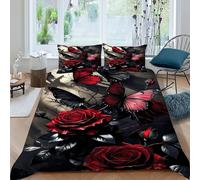 SHOVERKD Roses Papillons Housse De Couette 3 Pièces Imprimés Floraux 3D Motif Imprimé Ensemble Literie Microfibre Adulte avec Fermeture Éclair Et Taies d'oreiller King（220x240cm）