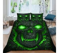 SHOVERKD Skull Green Glow Housse De Couette 3 Pièces Parure De Lit Thèmes Gothiques Couvre-Lit Microfibre pour Adulte Et Enfant avec Fermeture Éclair Et Taies d'oreiller King（220x240cm）