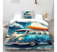 SHOVERKD Surf Bus Liberté Housse De Couette Single（135x200cm） Imprimé 3D Véhicule pour Enfants Et Adolescents en Microfibre Respirant avec Fermeture Éclair Literie Confort