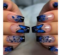 Show Your Beauté 24 pièces Faux ongles d'été de taille moyenne avec motifs de tuyau d'eau, élégants et frais, dégradé bleu océan, papillon, rayures, fleurs, plantes, totem, dégradé noir, tie-dye, bril