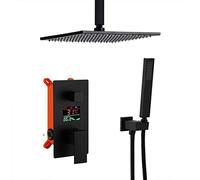 Shower Set Black Brass Ceiling Mounted LED Digital Display Bathroom Rain Mixer Shower Set with 10-12 inch Square Rainfall Shower Head and Handheld Shower, Luxury Shower System,8 in