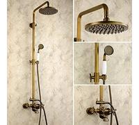 Shower Set European Antique Copper Bathroom Shower Set 3 Functions Hand Shower Bronze Retro Supercharging System with The Lift Lever Faucet Circular Top Spray