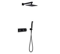 Shower System, Black Brass Bathroom Luxury Shower Set with 8-12 inch Brass Rainfall Shower Faucet System Mixer Set and Handheld Shower for Wall Mounted Bathroom Installation,10 inch