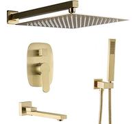 Shower System, Brass Brushed Gold 10-12 inch Wall Mount Rainfall Shower Faucet System Mixer Set with Handheld Shower and Tub Taps, Luxury Shower Set,12 inch