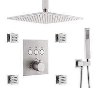 Shower System, Brass Ceiling Mount 10-12Inch Brushed Nickel Rain Shower System with Body Spray Jets and Handheld Thermostatic Mixer Bathroom Luxury Shower Set,12 inch ()