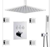 Shower System, Brass Chrome 10-12Inch Ceiling Rain Shower System with 4 pcs Body Spray Jets and Handheld Thermostatic Mixer Bathroom Luxury Shower Set,12 inch