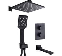 Shower System, Brass Thermostatic Faucets Black Shower Set with 8-12 inch Bathroom Rain Shower Diverter Tub Taps Set and Handheld Shower, Wall Mounted Luxury Shower Set,10 inch
