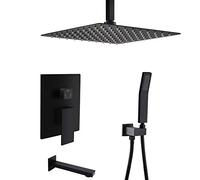 Shower System, Ceiling Mount Shower System with Tub Spout and 12" High Pressure Rain Shower Head, Handheld Shower Head Matte Black System Luxury Shower Set