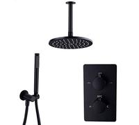Shower System, Ceiling Mounted Brass Round Thermostatic Faucets Black Shower Set Bathroom Rainfall Shower Faucet Set with Handheld Shower Head,Luxury Shower Set,8Inhc (8Inhc)