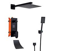 Shower System Digital Display Concealed Shower Faucet Set Matt Black Shower Combo Set with Brass Hand Shower and Waterfall Rainfall Shower Head Advanced Air Injection Technology,10 inch,Shower Kits