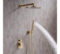 Shower System,Solid Brass Brushed Gold Bathroom Shower Set 8-12" Rianfall Shower Head Shower Faucet Wall Mounted Shower Arm Mixer Diverter,Luxury Shower Set,8Inhc (10Inch)