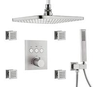 Shower System, Thermostatic Brass Ceiling Mount Rectangular 12 x 8 inch Air Pressure Rainfall Shower System with 4 pcs Body Jets Mixer Bathroom Shower Set,Brushed Nickel