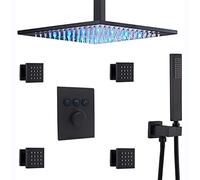 Shower System, Thermostatic Brass Matte Black 10-12 inch LED Ceiling Rain Shower Head Combo System with Body Jets and Handheld Bathroom Luxury Shower Set,10 inch